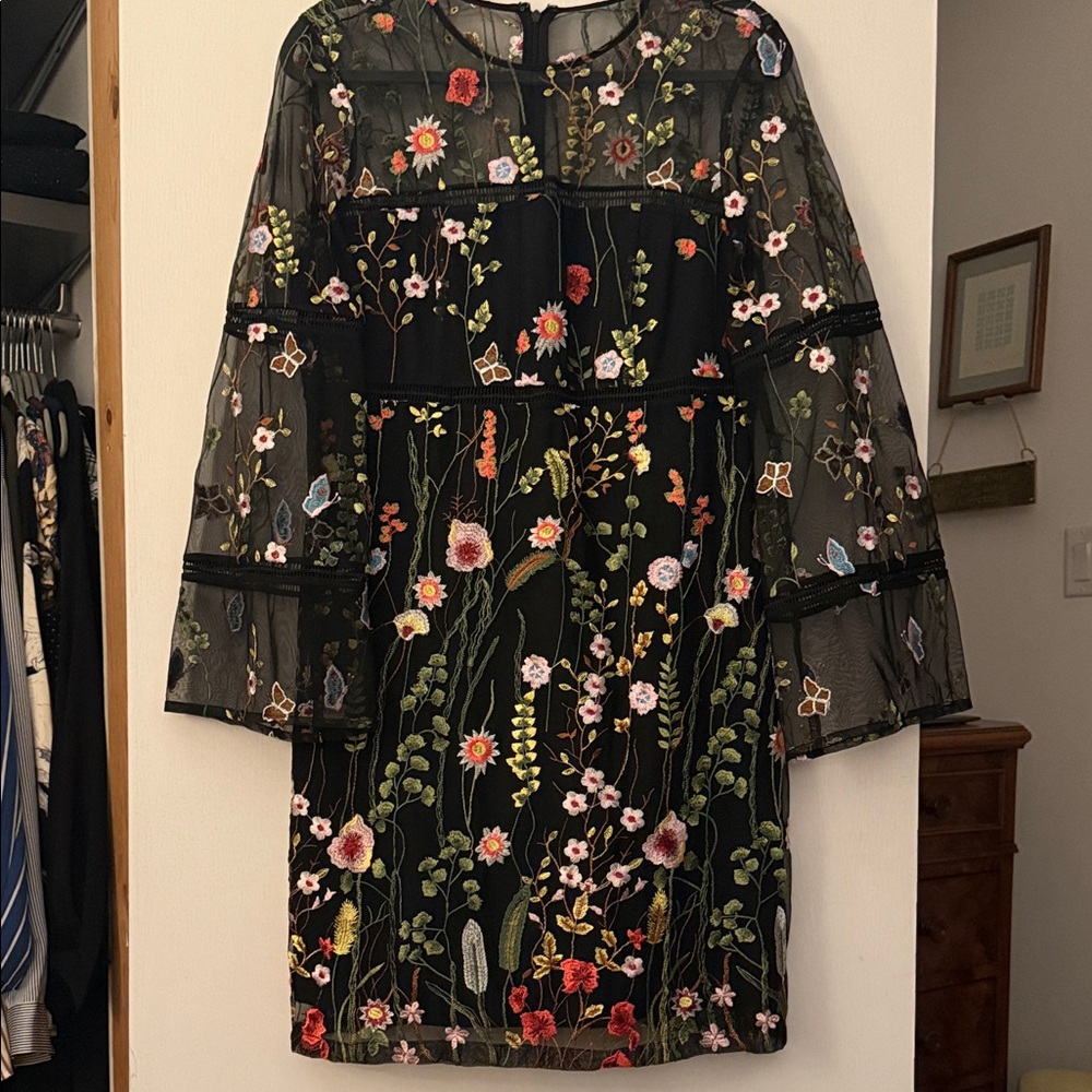 Nanette Lepore Black Dress with Colorful Floral Embroidery